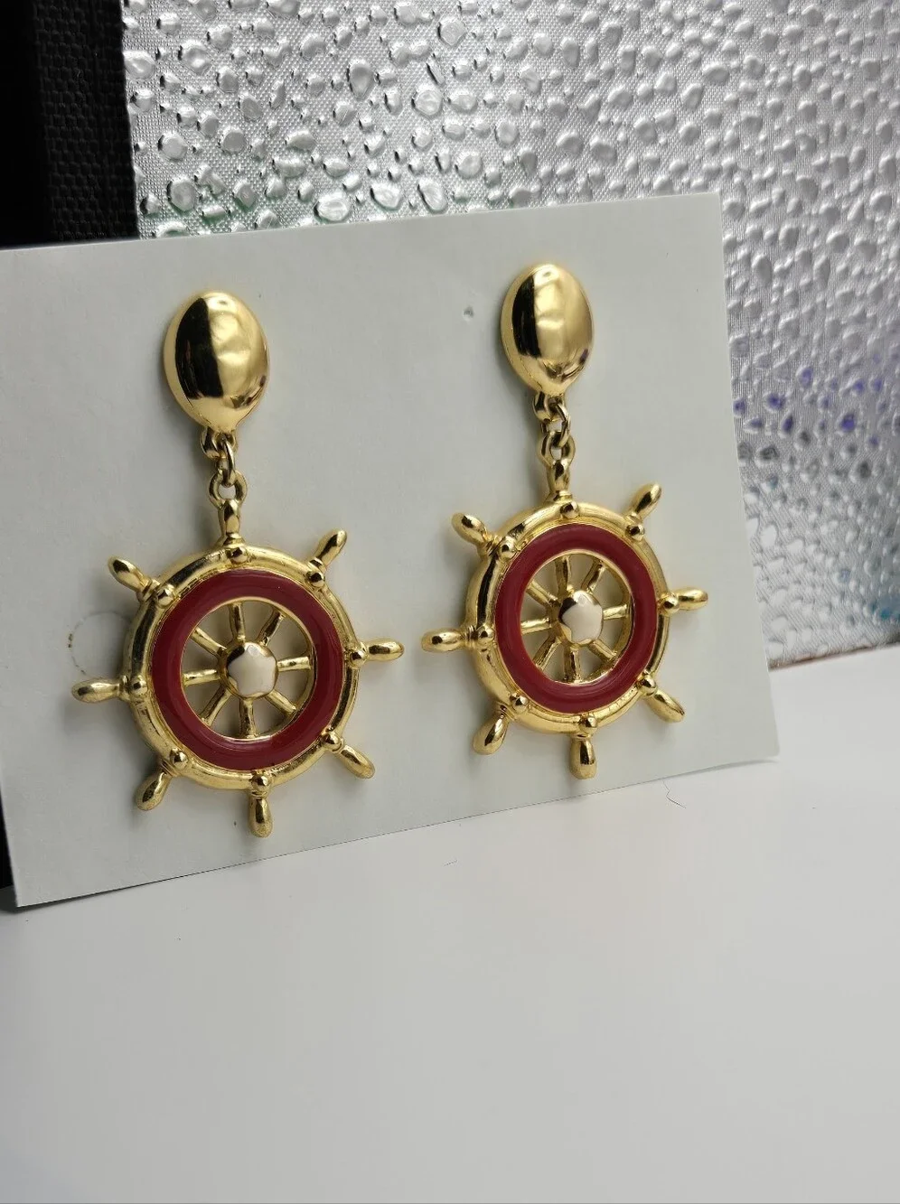 Avon Gold & Red Nautical Ship Wheel Earrings Vintage Style